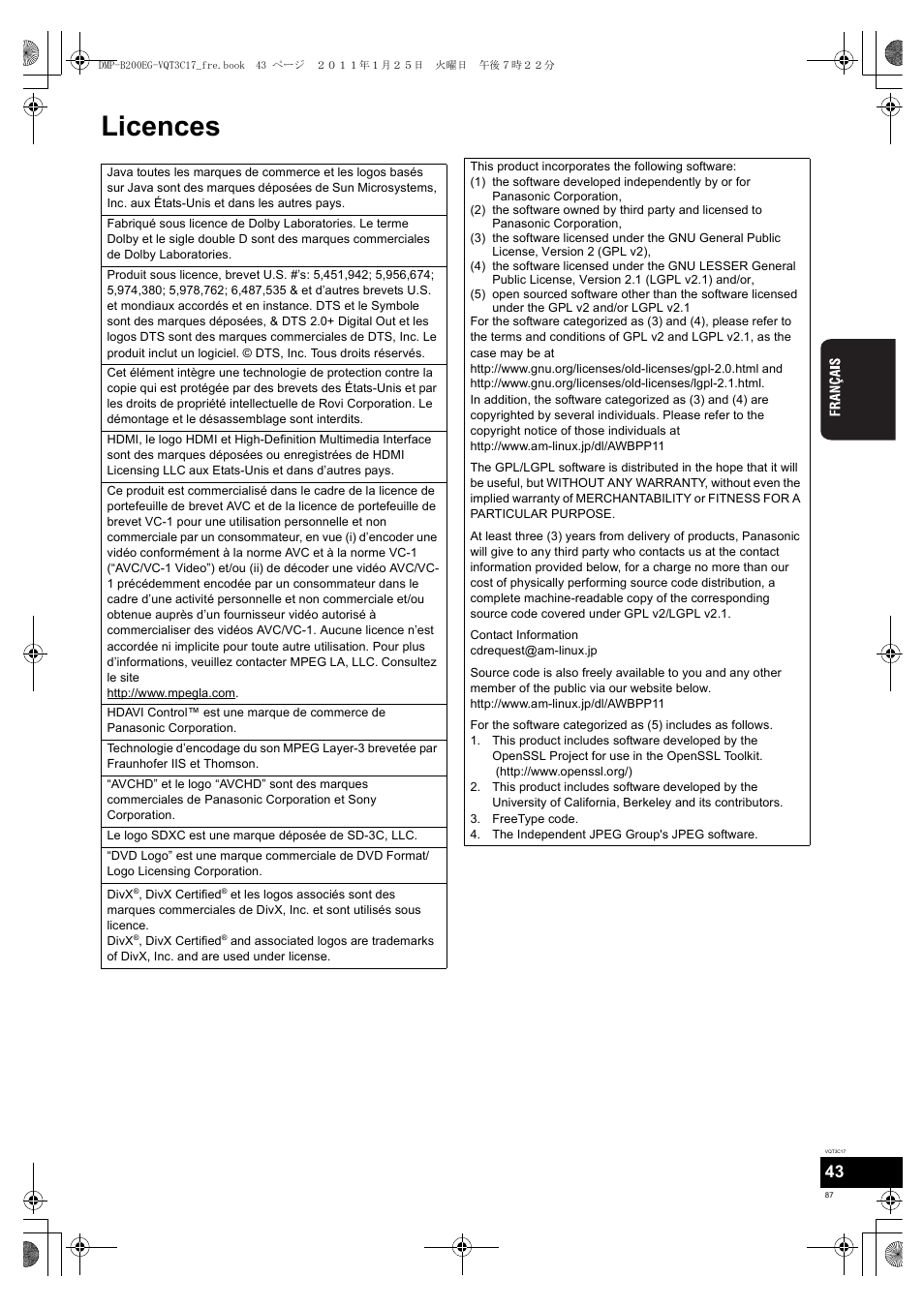 Licences | Panasonic DMPB200EG User Manual | Page 87 / 196