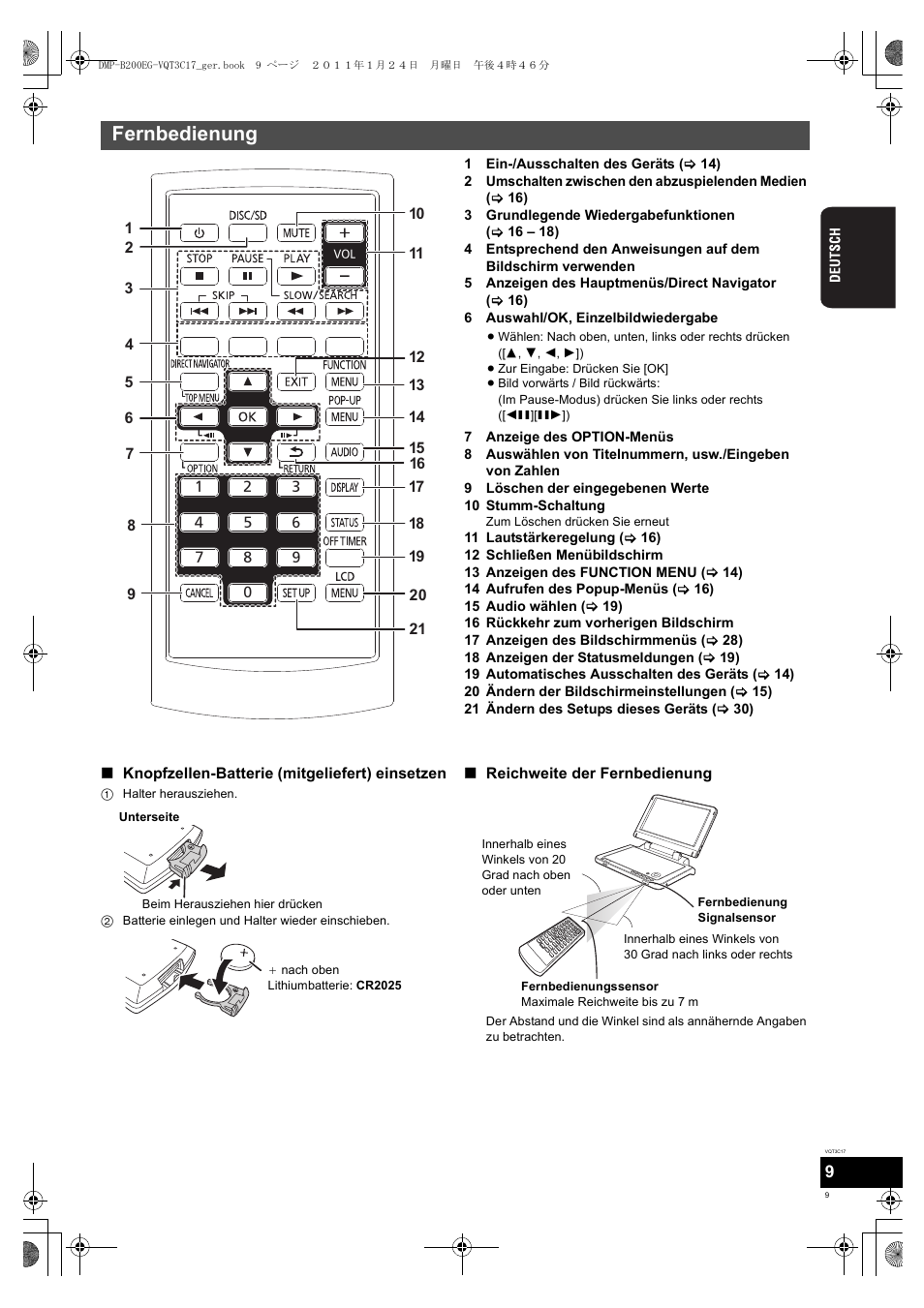 Fernbedienung | Panasonic DMPB200EG User Manual | Page 9 / 196