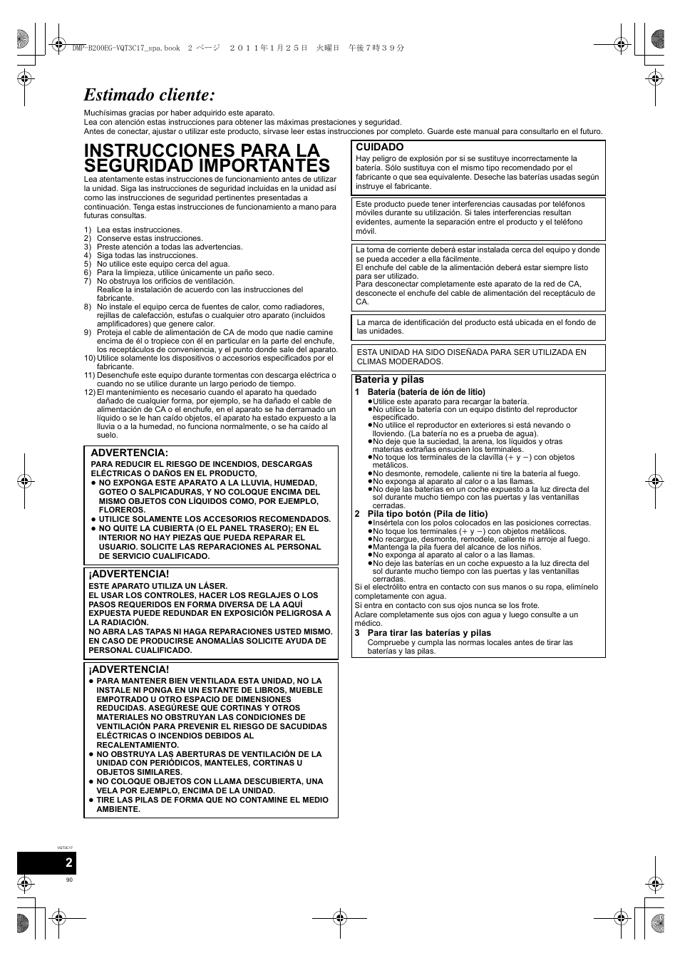 Estimado cliente, Instrucciones para la seguridad importantes | Panasonic DMPB200EG User Manual | Page 90 / 196
