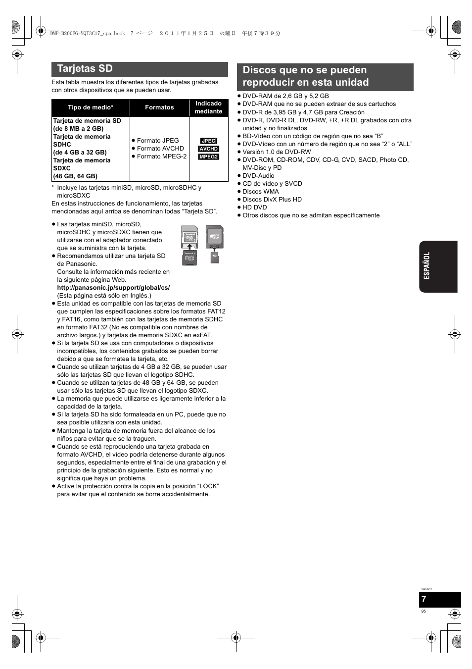 Tarjetas sd, Discos que no se pueden reproducir en esta unidad | Panasonic DMPB200EG User Manual | Page 95 / 196