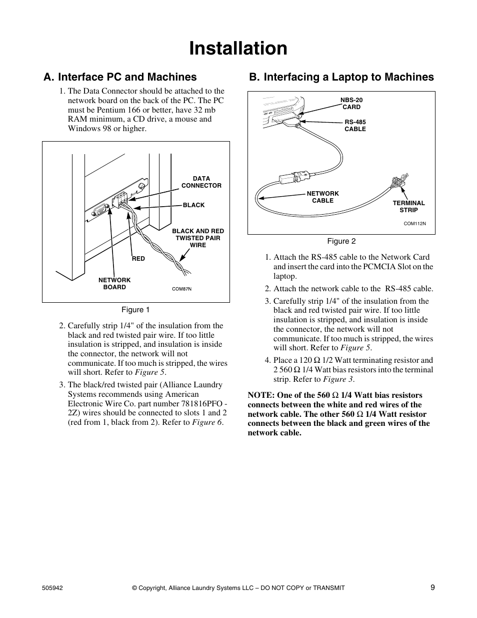 Installation, A. interface pc and machines, B. interfacing a laptop to machines | Alliance Laundry Systems NK101 User Manual | Page 11 / 26