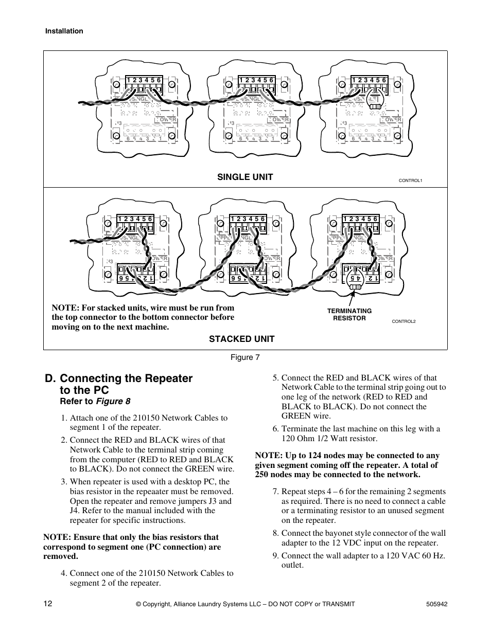 D. connecting the repeater to the pc, Single unit, Stacked unit | Alliance Laundry Systems NK101 User Manual | Page 14 / 26