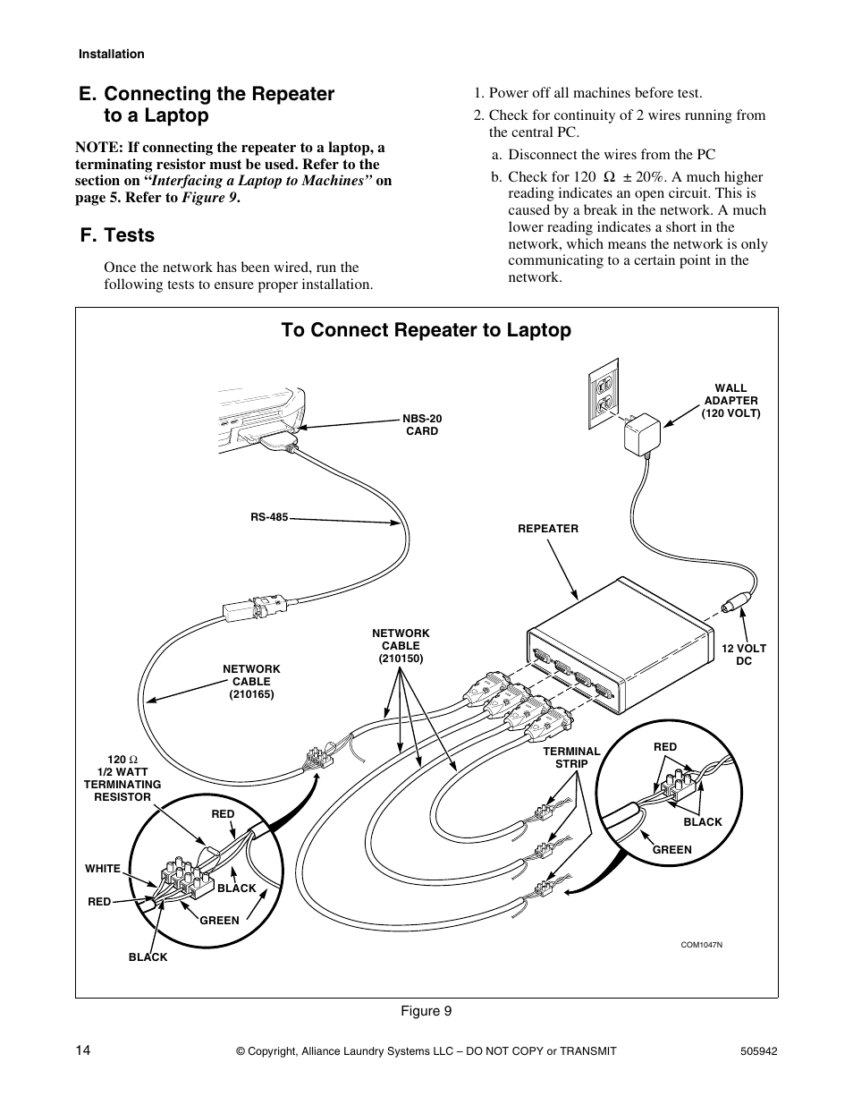 E. connecting the repeater to a laptop, F. tests | Alliance Laundry Systems NK101 User Manual | Page 16 / 26