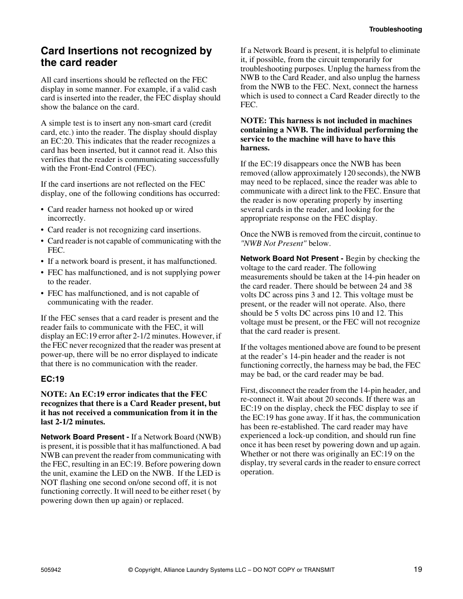 Card insertions not recognized by the card reader, Ec:19 | Alliance Laundry Systems NK101 User Manual | Page 21 / 26