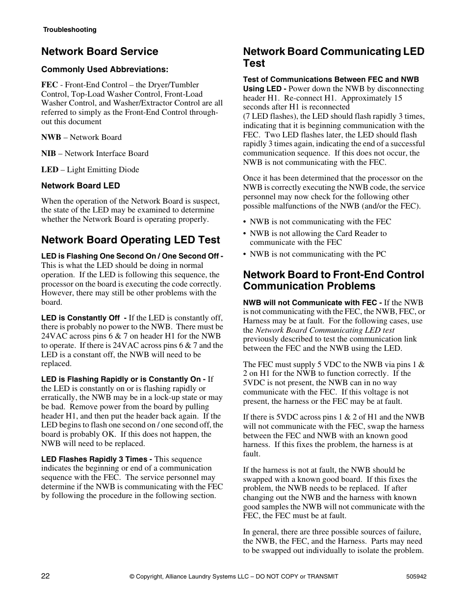 Network board service, Commonly used abbreviations, Network board led | Network board operating led test, Network board communicating led test, Commonly used abbreviations: network board led | Alliance Laundry Systems NK101 User Manual | Page 24 / 26