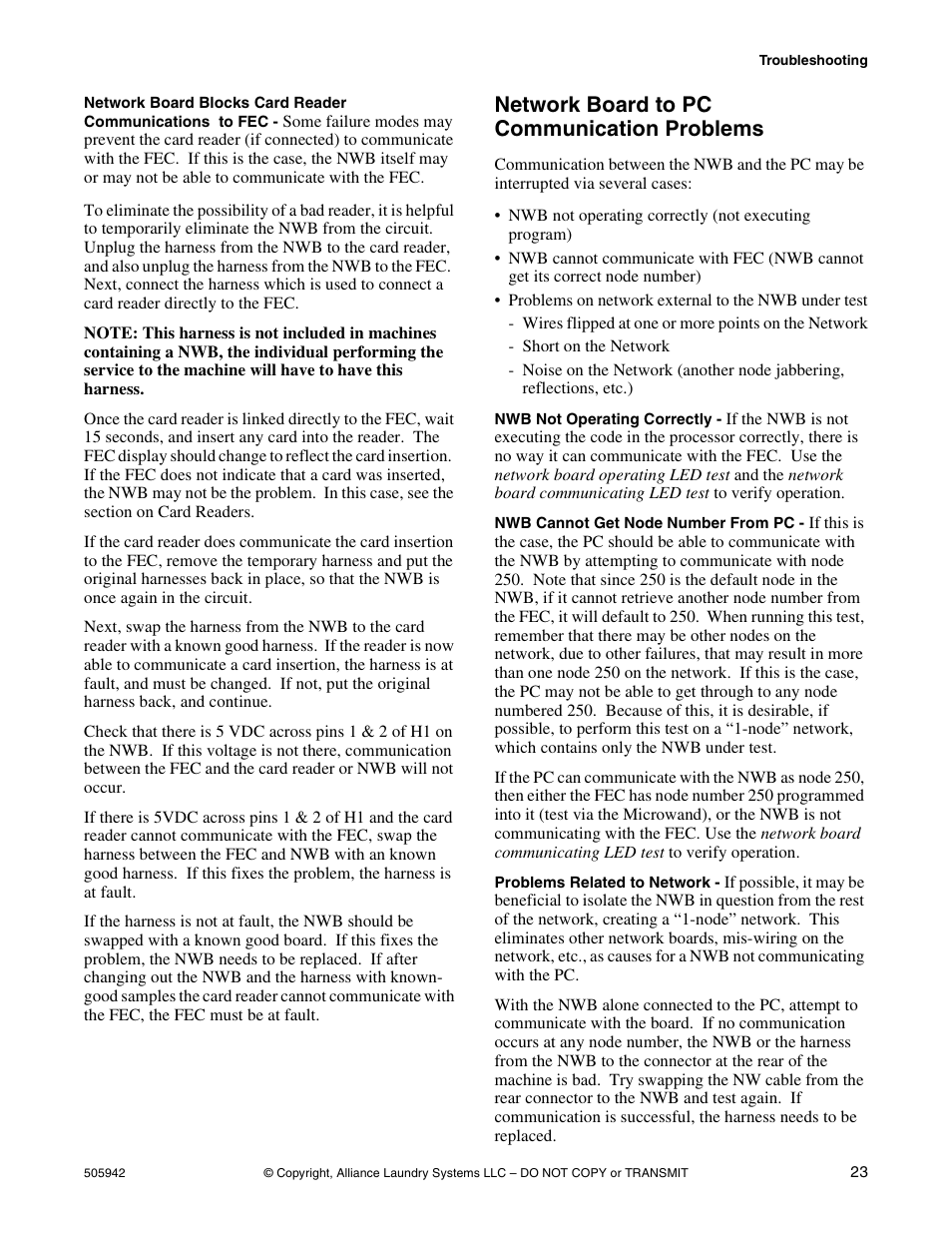 Network board to pc communication problems | Alliance Laundry Systems NK101 User Manual | Page 25 / 26