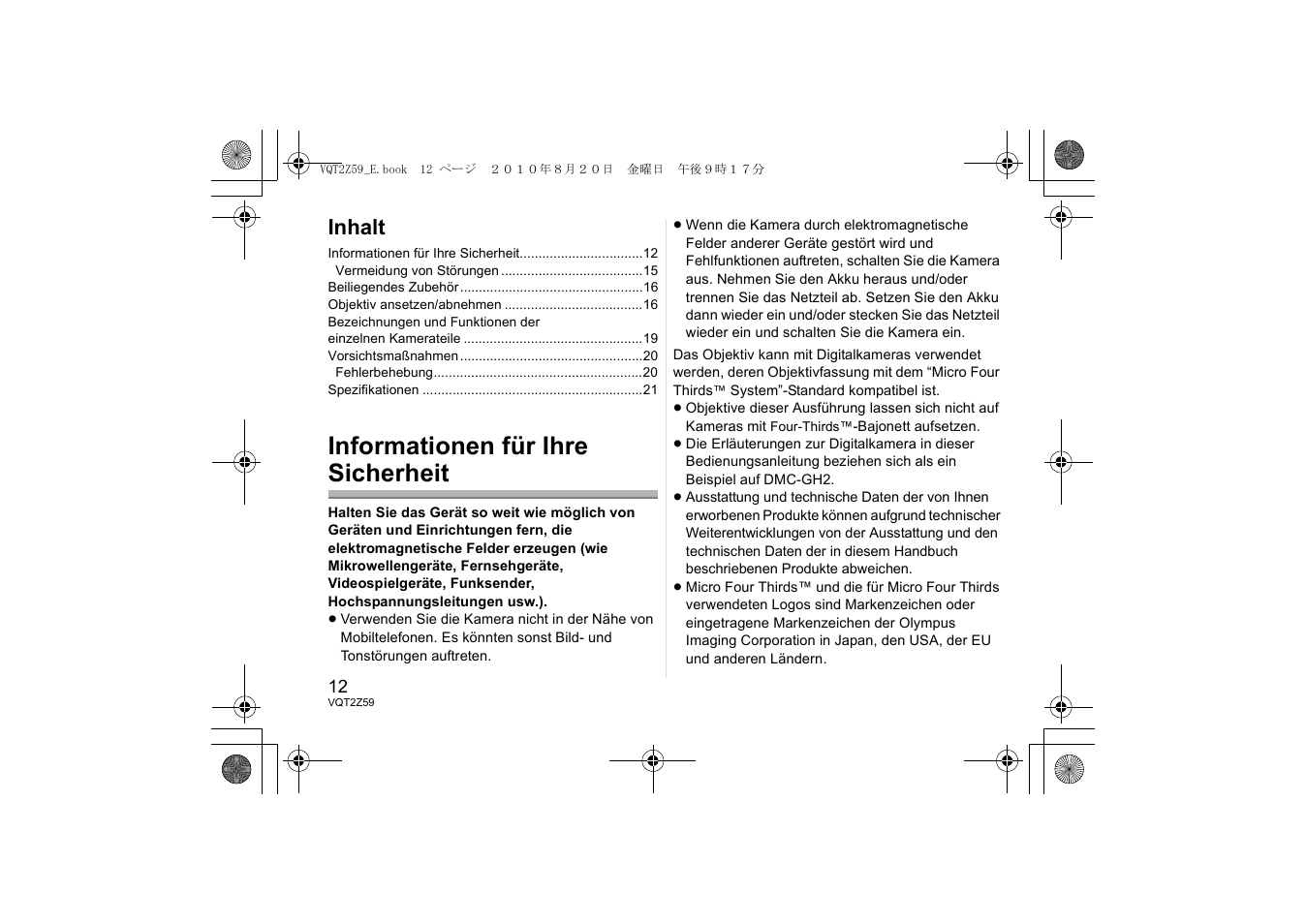 Informationen für ihre sicherheit, Inhalt | Panasonic HFS100300E User Manual | Page 12 / 72