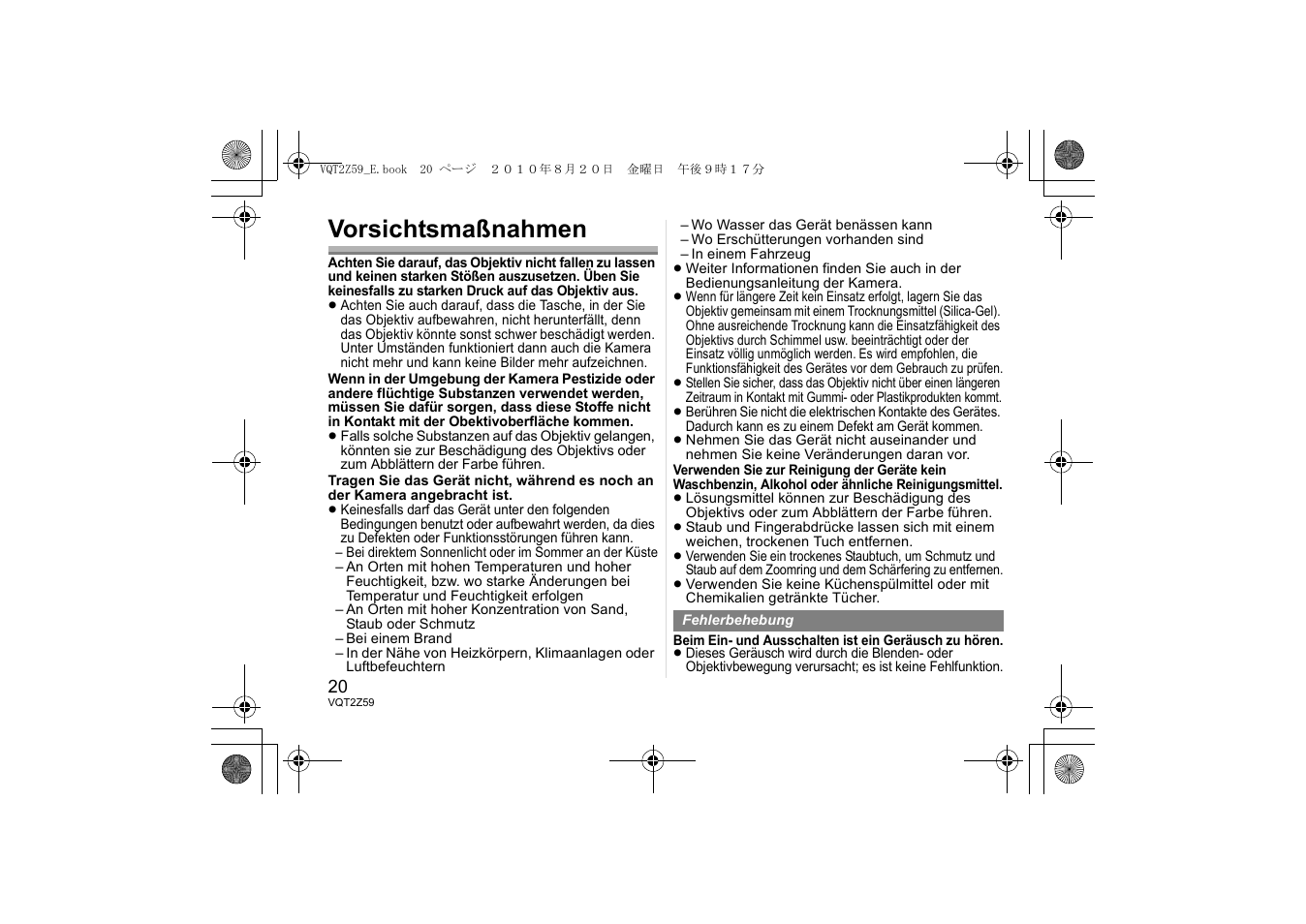 Vorsichtsmaßnahmen | Panasonic HFS100300E User Manual | Page 20 / 72