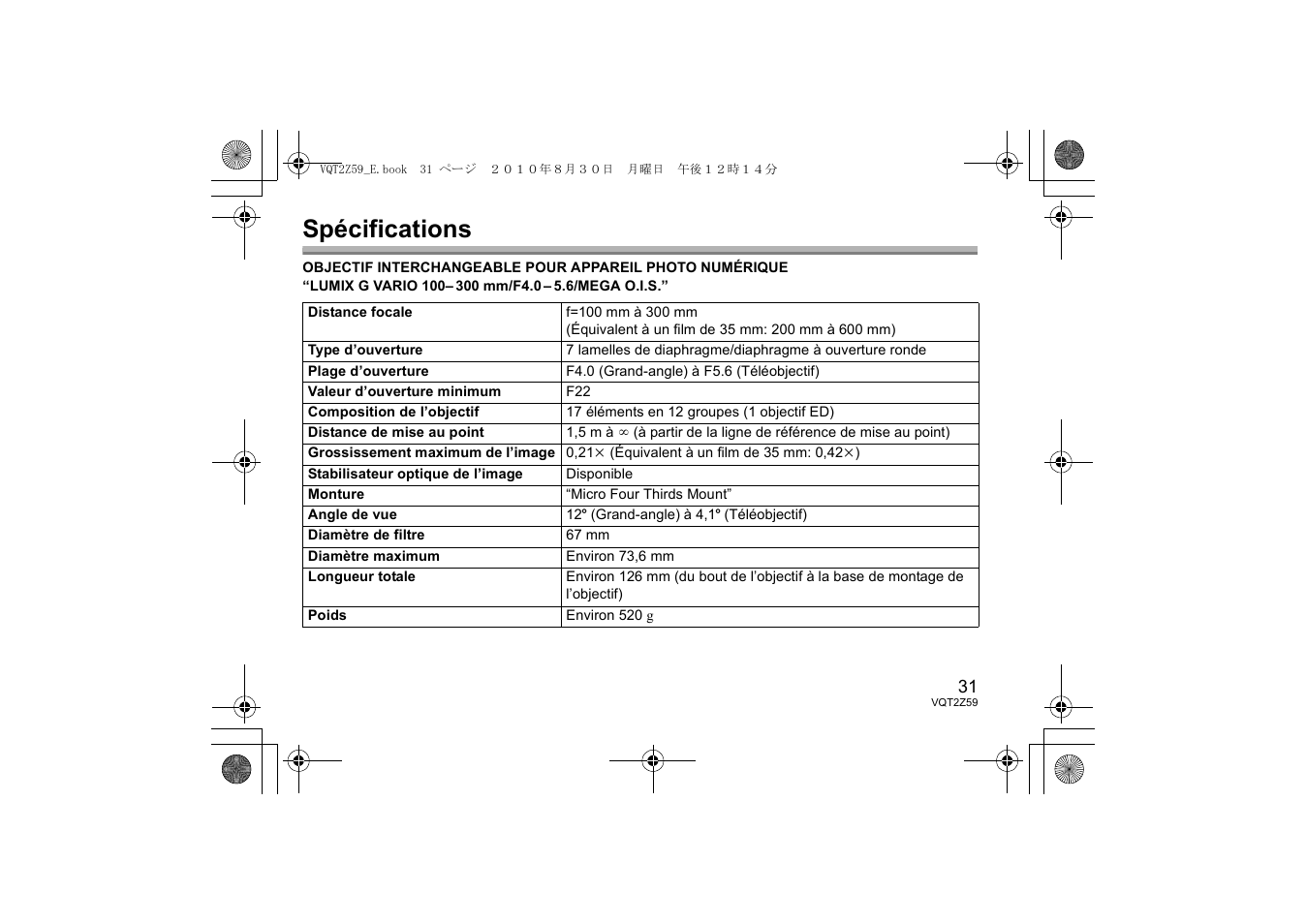 Spécifications | Panasonic HFS100300E User Manual | Page 31 / 72