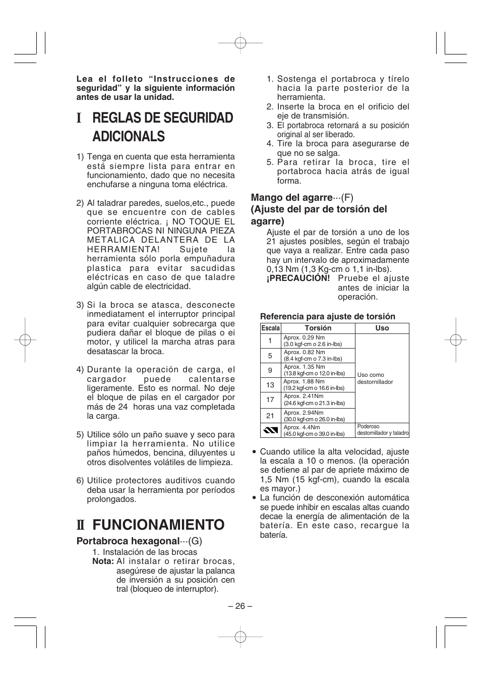 Ireglas de seguridad adicionals, Ii funcionamiento | Panasonic EY6225C User Manual | Page 26 / 51
