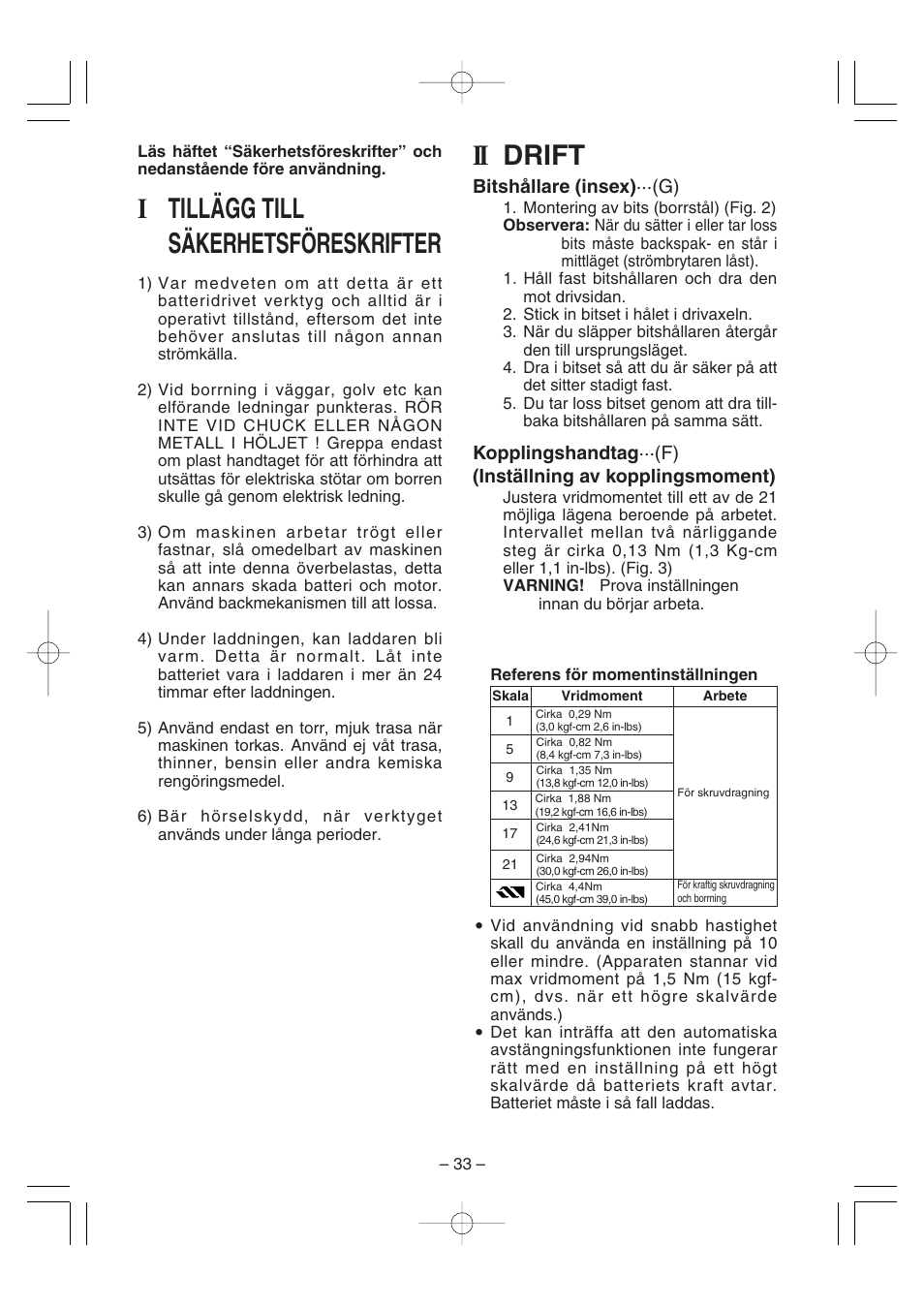 Itillägg till säkerhetsföreskrifter, Ii drift | Panasonic EY6225C User Manual | Page 33 / 51