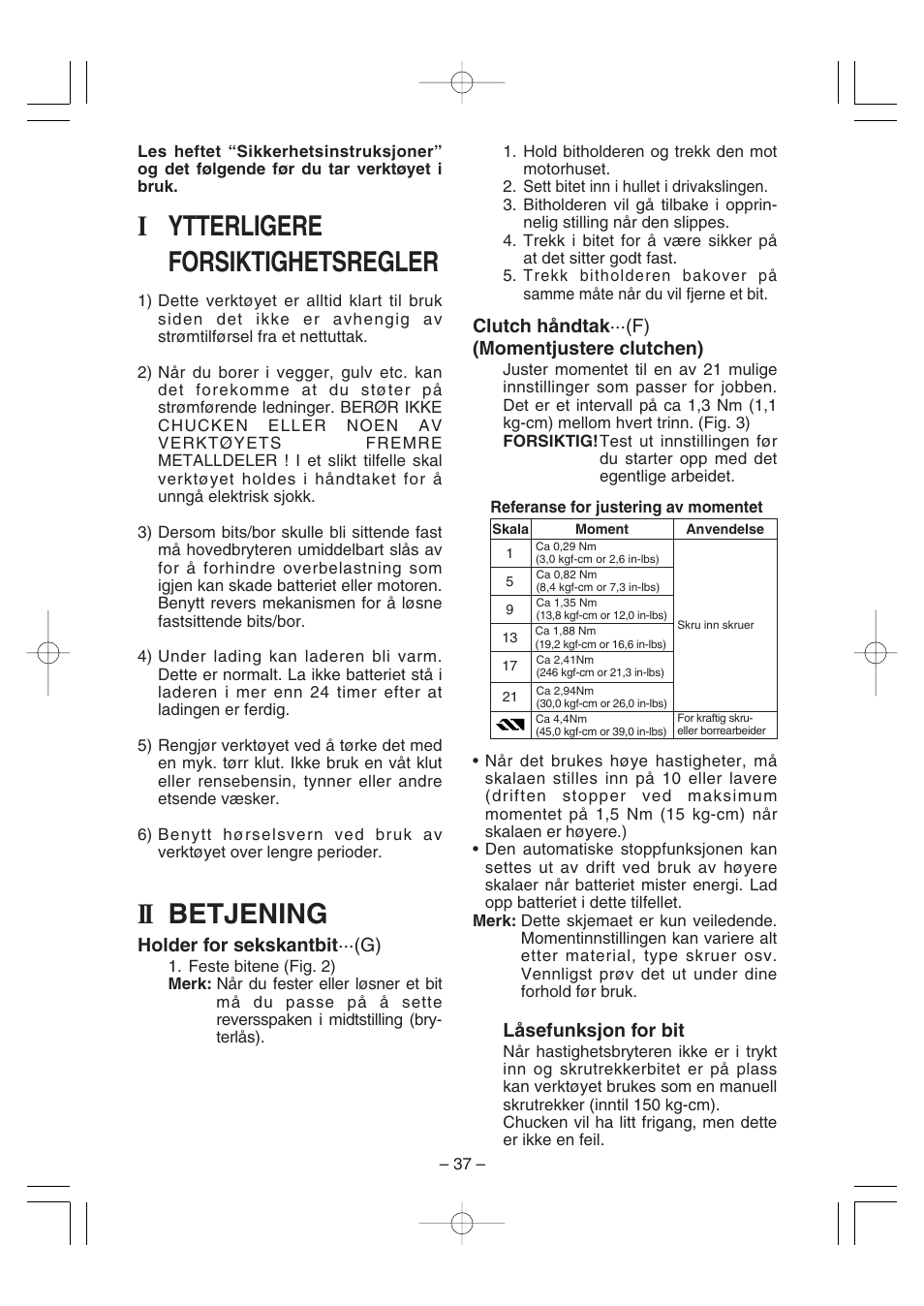 Iytterligere forsiktighetsregler, Ii betjening | Panasonic EY6225C User Manual | Page 37 / 51