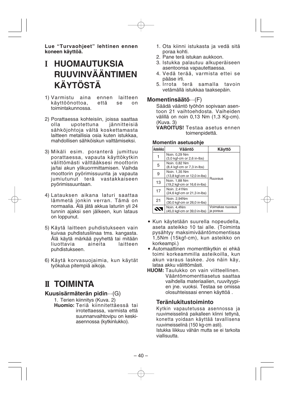 Ihuomautuksia ruuvinvääntimen käytöstä, Ii toiminta | Panasonic EY6225C User Manual | Page 40 / 51