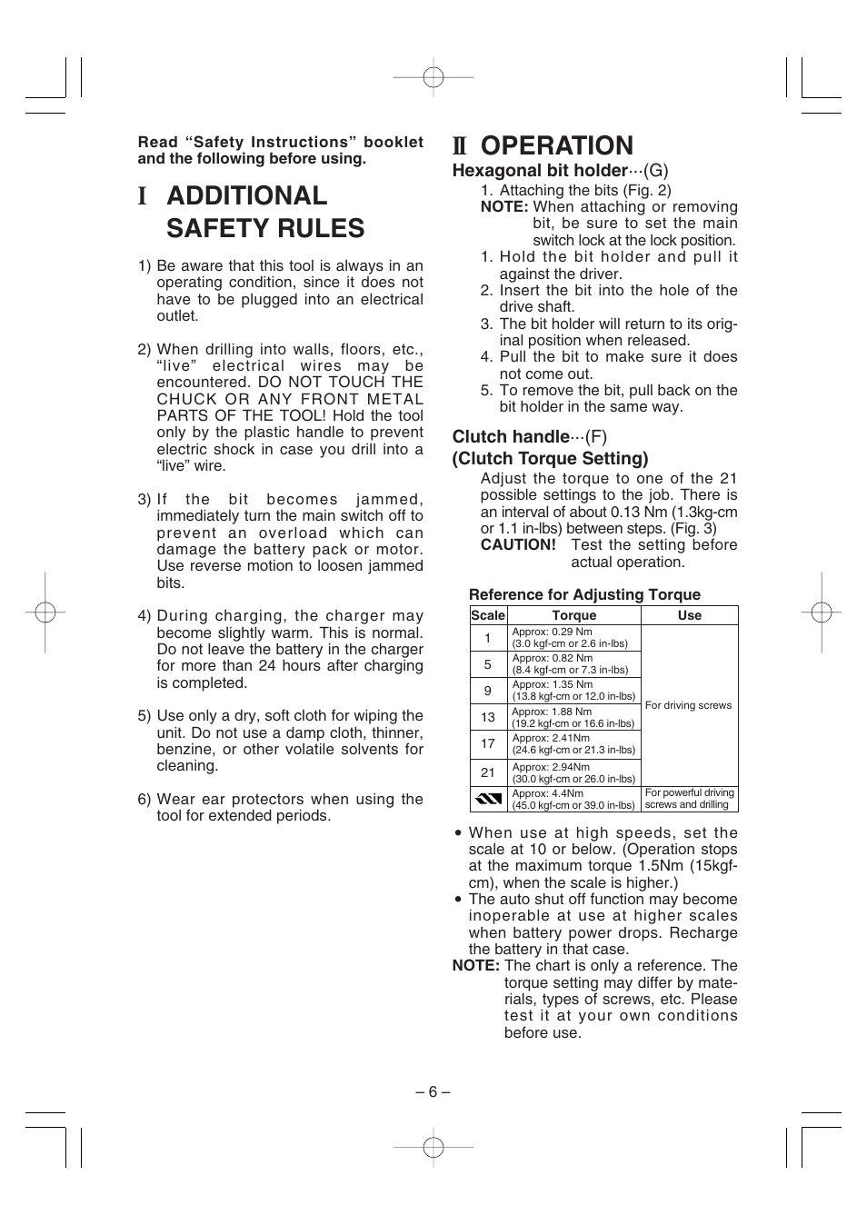 Ii operation, Iadditional safety rules | Panasonic EY6225C User Manual | Page 6 / 51