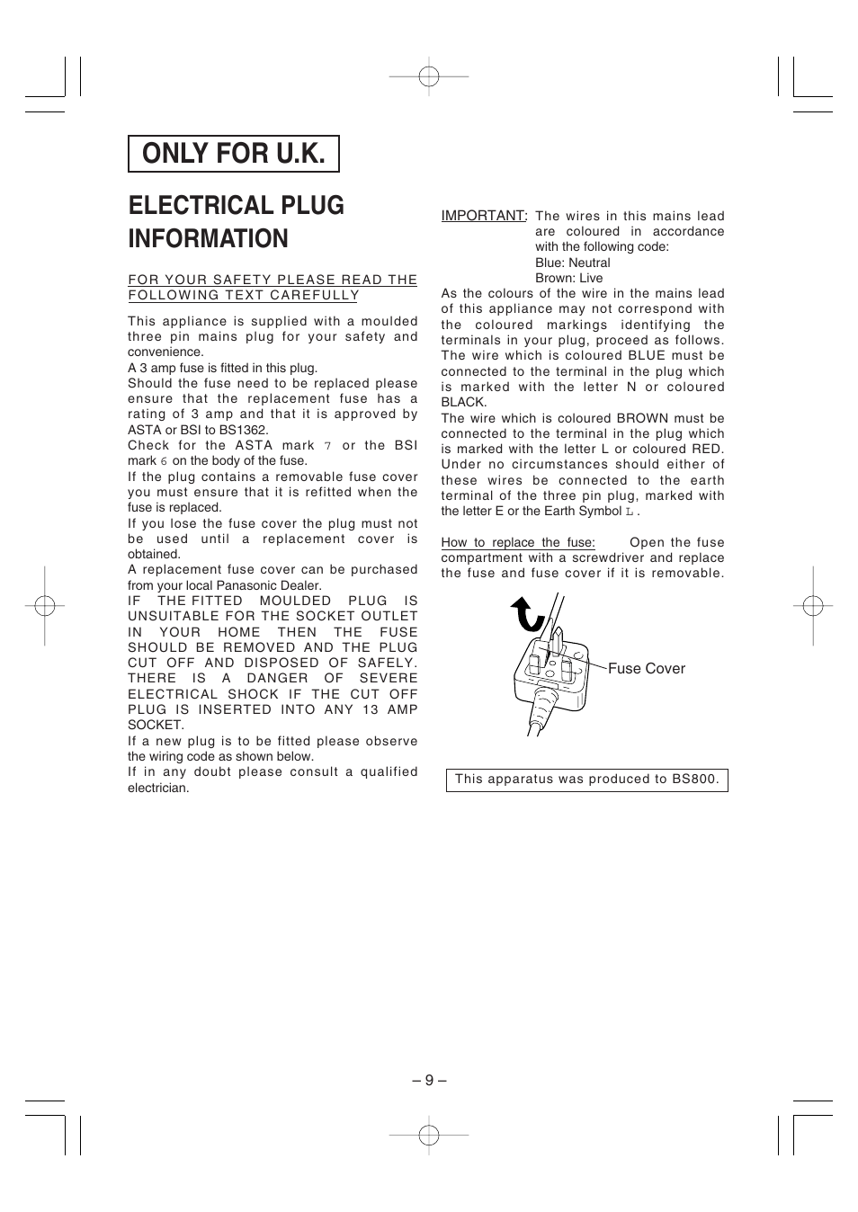 Only for u.k, Electrical plug information | Panasonic EY6225C User Manual | Page 9 / 51
