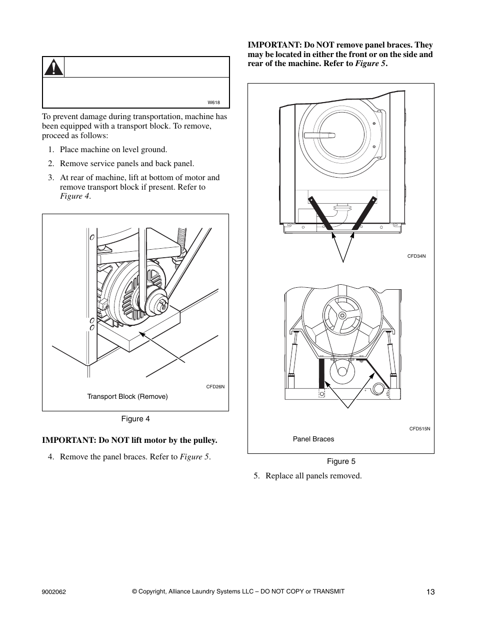 Removing the transport block, Warning | Alliance Laundry Systems NX30BVXA7 User Manual | Page 15 / 20