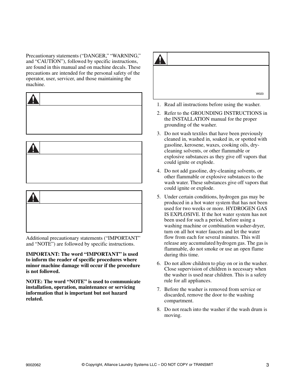 Safety information, Explanation of safety messages, Important safety instructions | Danger, Warning, Caution | Alliance Laundry Systems NX30BVXA7 User Manual | Page 5 / 20