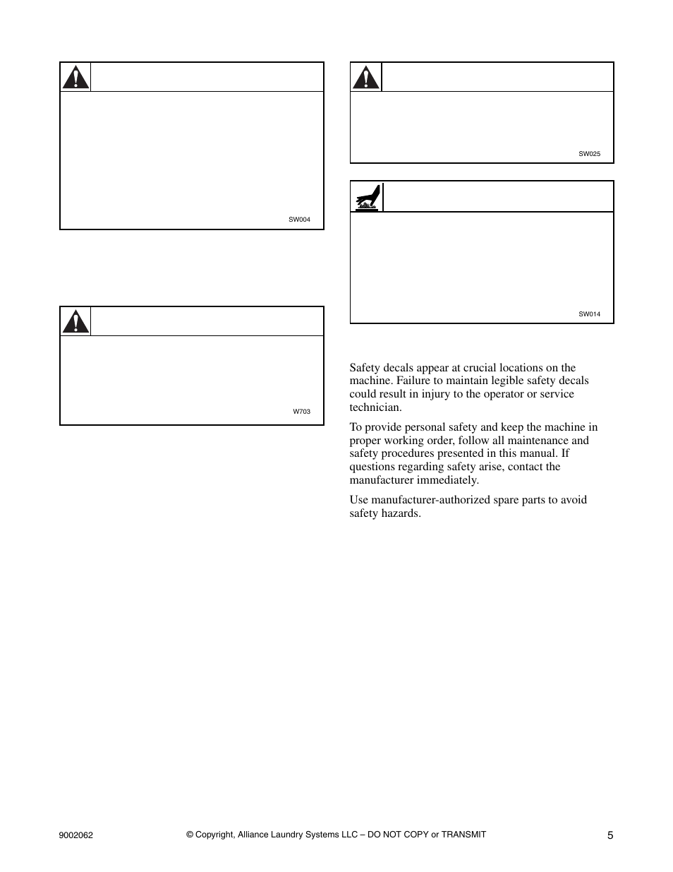 Safety decals, Warning, Caution | Alliance Laundry Systems NX30BVXA7 User Manual | Page 7 / 20