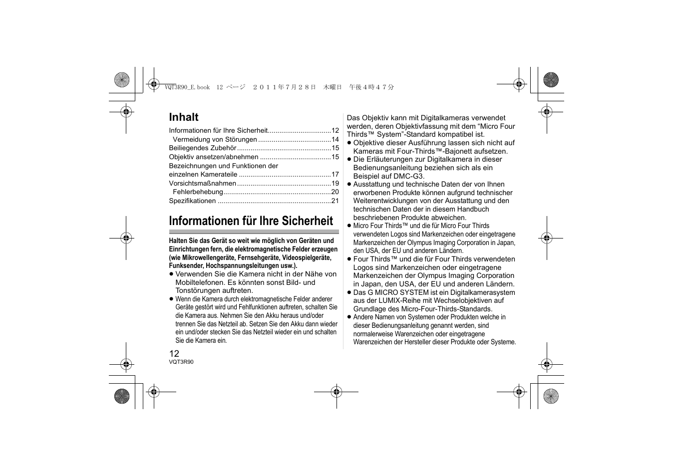Informationen für ihre sicherheit, Inhalt | Panasonic HPS45175E User Manual | Page 12 / 72