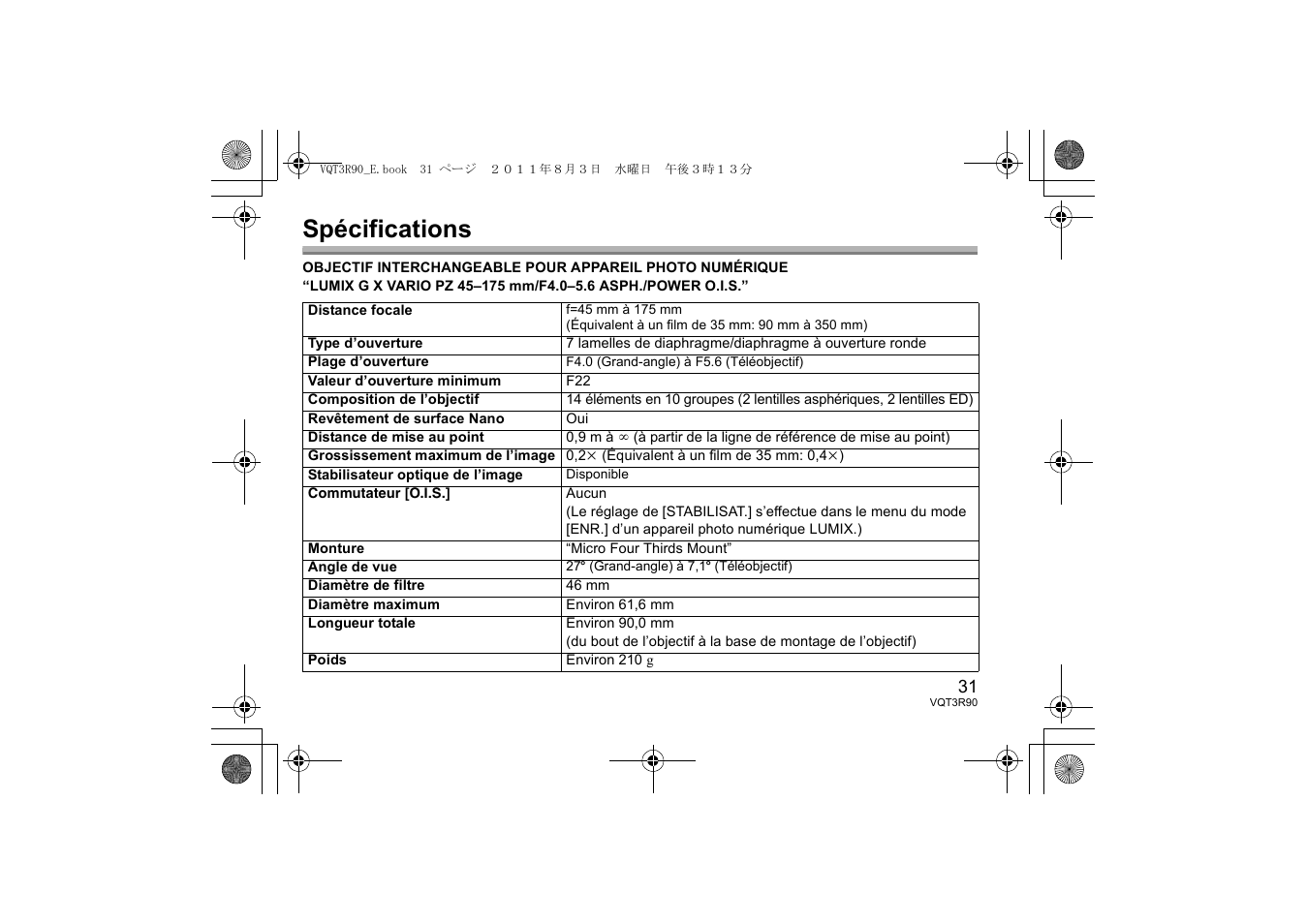 Spécifications | Panasonic HPS45175E User Manual | Page 31 / 72