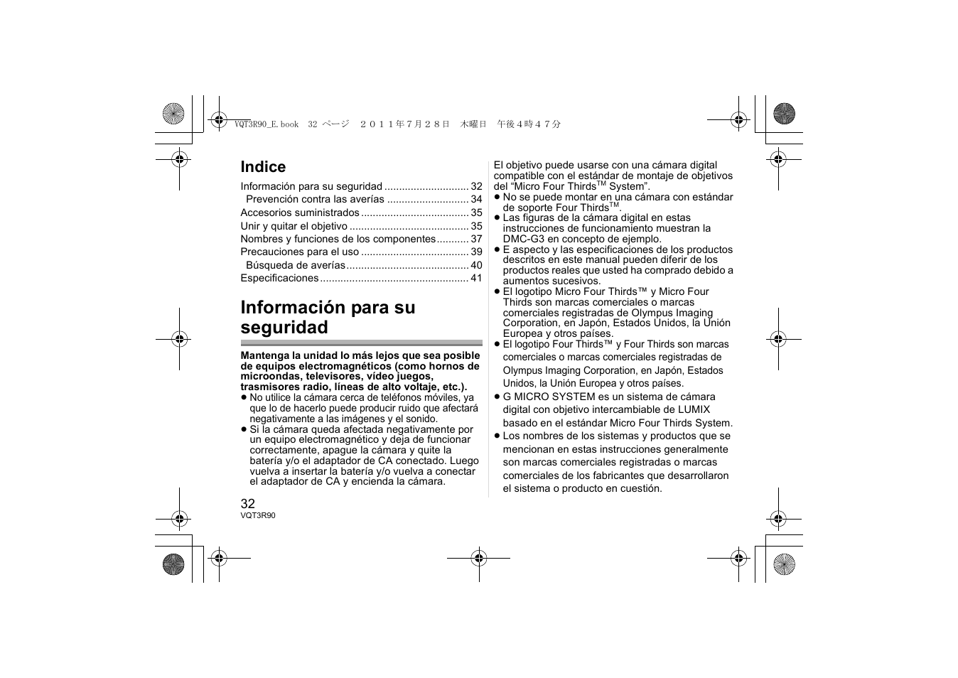 Información para su seguridad, Indice | Panasonic HPS45175E User Manual | Page 32 / 72