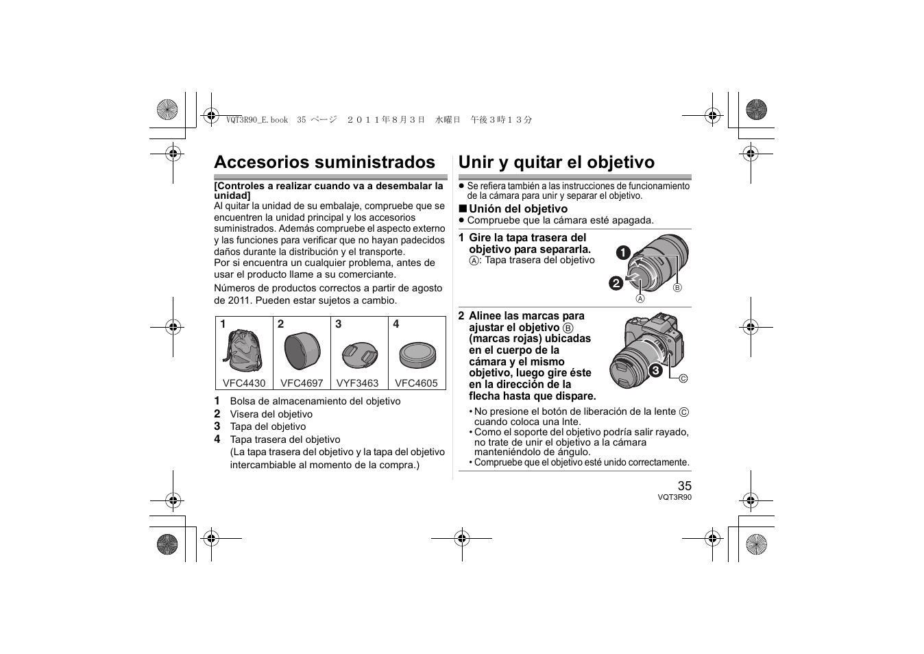 Accesorios suministrados, Unir y quitar el objetivo | Panasonic HPS45175E User Manual | Page 35 / 72
