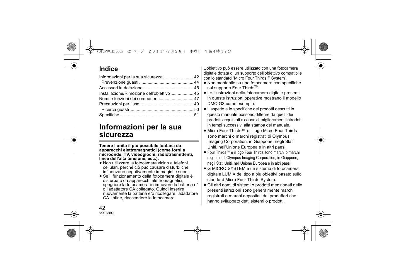 Informazioni per la sua sicurezza, Indice | Panasonic HPS45175E User Manual | Page 42 / 72