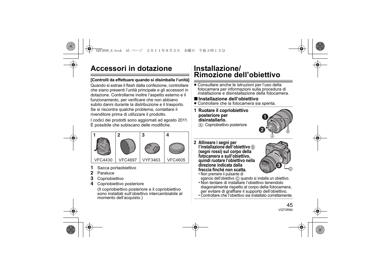 Accessori in dotazione, Installazione/ rimozione dell’obiettivo | Panasonic HPS45175E User Manual | Page 45 / 72