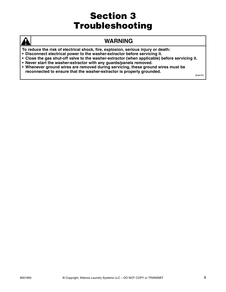 Troubleshooting, Section 3 – troubleshooting, Warning | Alliance Laundry Systems HX User Manual | Page 11 / 78