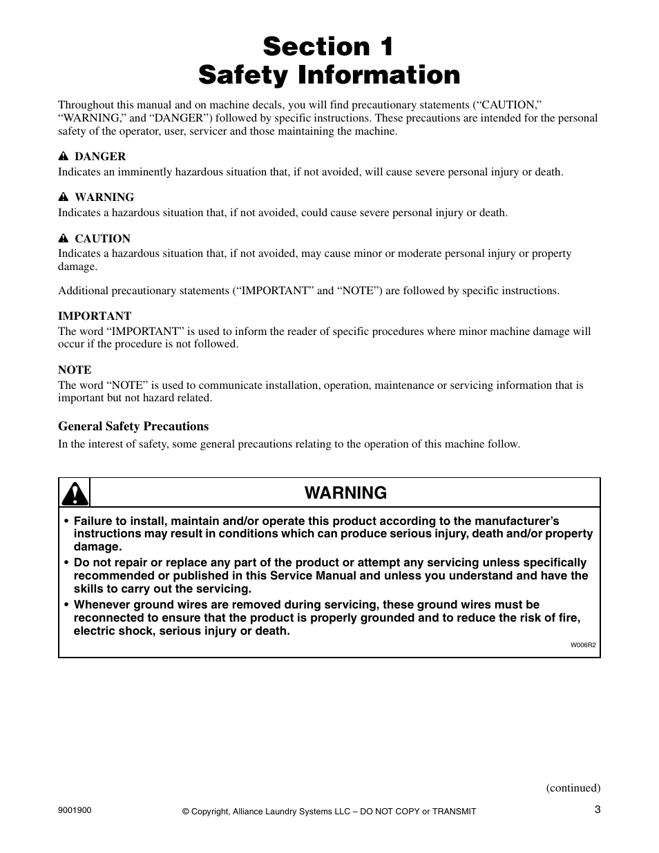 Safety information, General safety precautions, Section 1 – safety information | Warning | Alliance Laundry Systems HX User Manual | Page 5 / 78