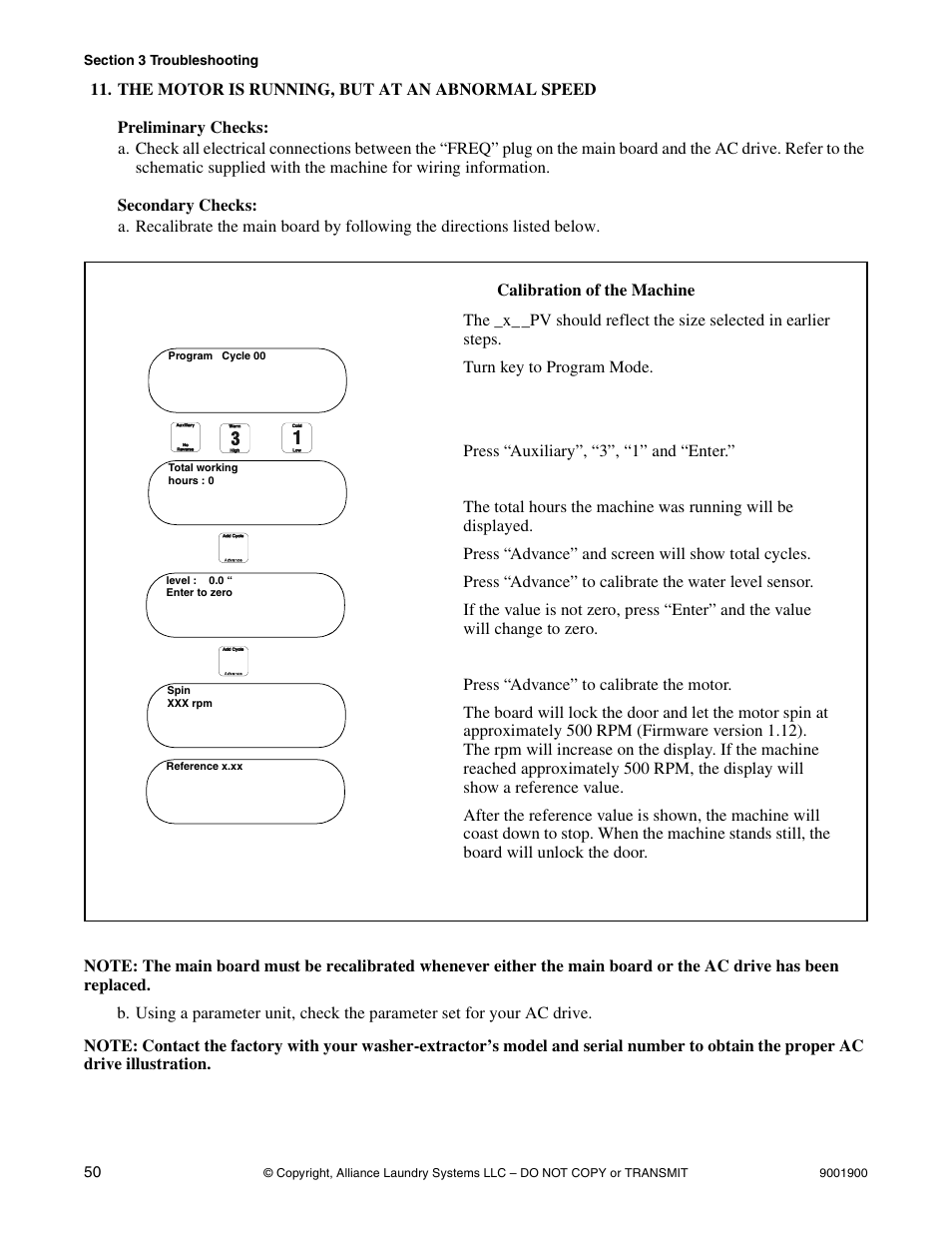 The motor is running, but at an abnormal speed, Preliminary checks, Secondary checks | Calibration of the machine, The motor is running, but at an abnormal, Speed | Alliance Laundry Systems HX User Manual | Page 52 / 78