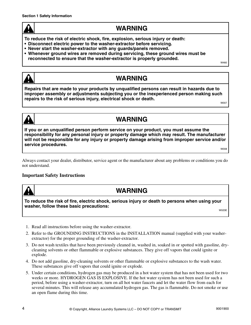 Important safety instructions, Warning | Alliance Laundry Systems HX User Manual | Page 6 / 78