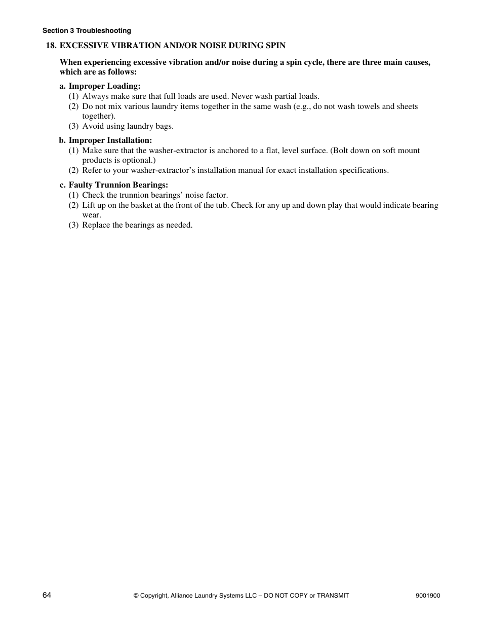 Excessive vibration and/or noise during spin, Excessive vibration and/or noise, During spin | Alliance Laundry Systems HX User Manual | Page 66 / 78