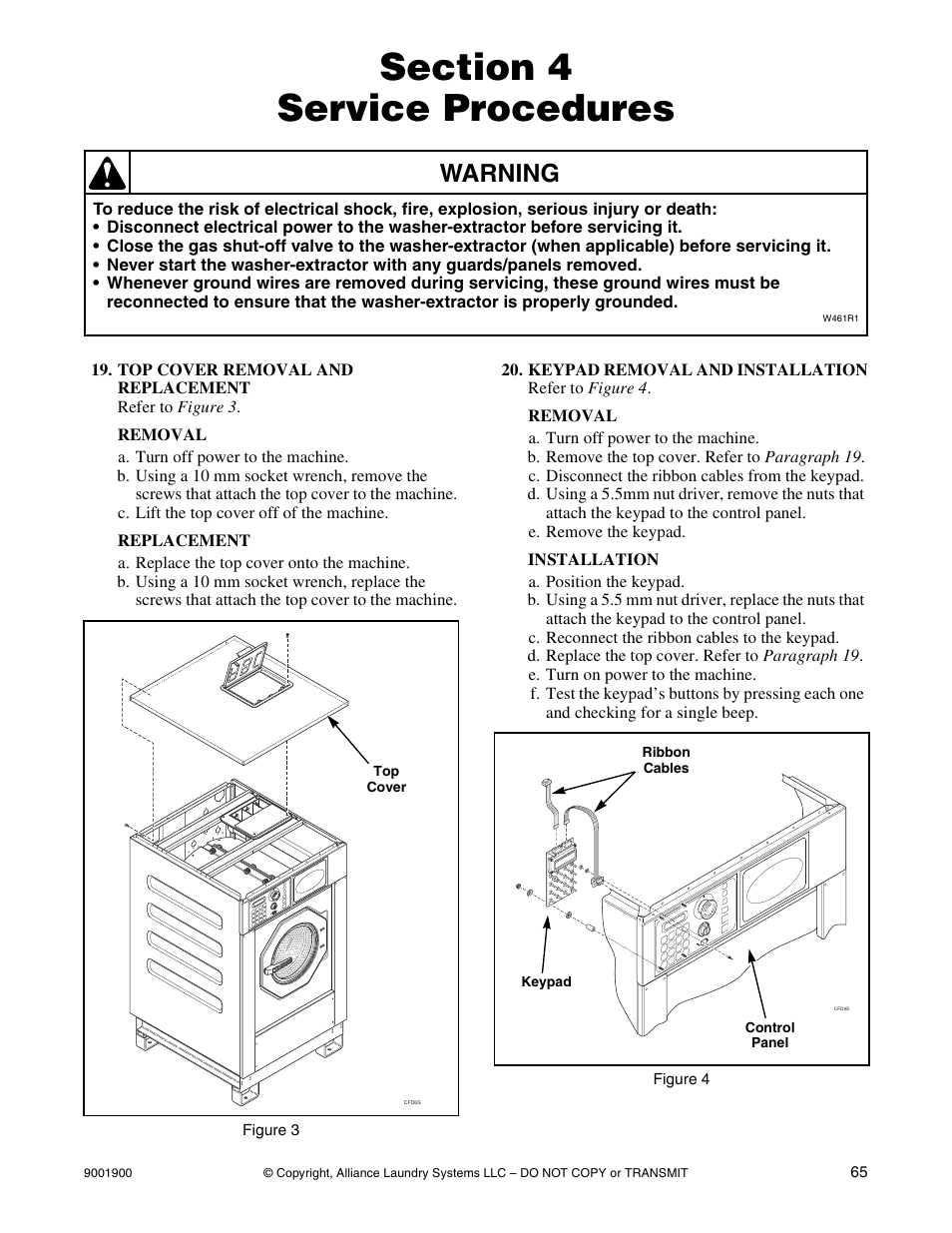 Service procedures, Top cover removal and replacement, Keypad removal and installation | Section 4 – service procedures, Warning | Alliance Laundry Systems HX User Manual | Page 67 / 78