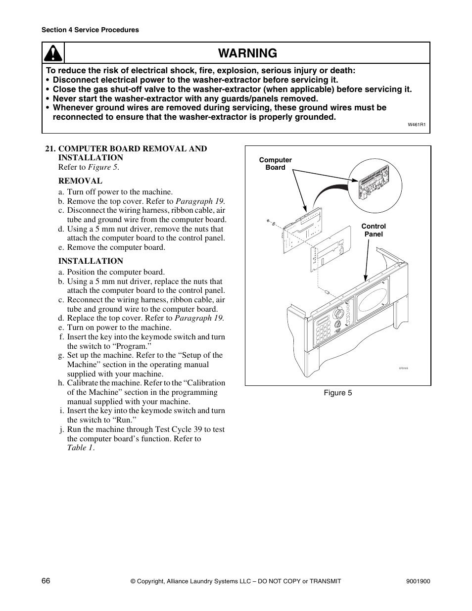 Computer board removal and installation, Warning | Alliance Laundry Systems HX User Manual | Page 68 / 78