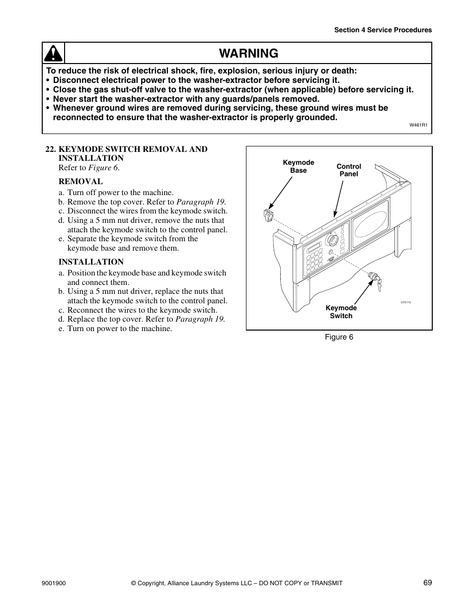 Keymode switch removal and installation, Warning | Alliance Laundry Systems HX User Manual | Page 71 / 78