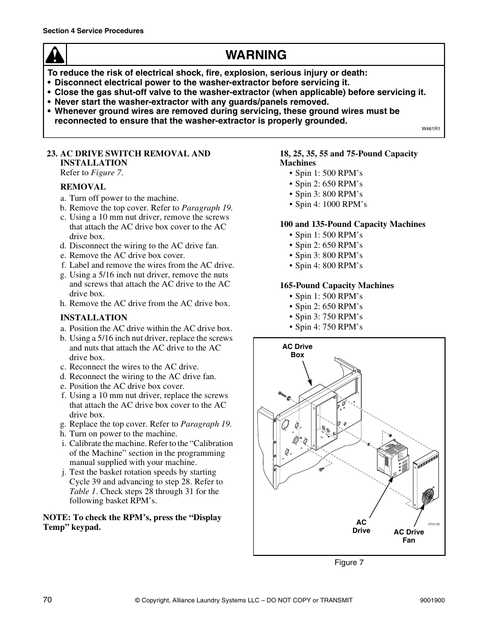 Ac drive switch removal and installation, Warning | Alliance Laundry Systems HX User Manual | Page 72 / 78