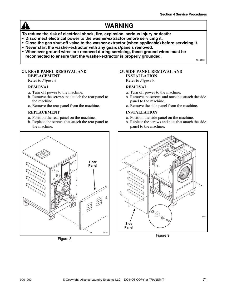 Rear panel removal and replacement, Side panel removal and installation, Warning | Alliance Laundry Systems HX User Manual | Page 73 / 78