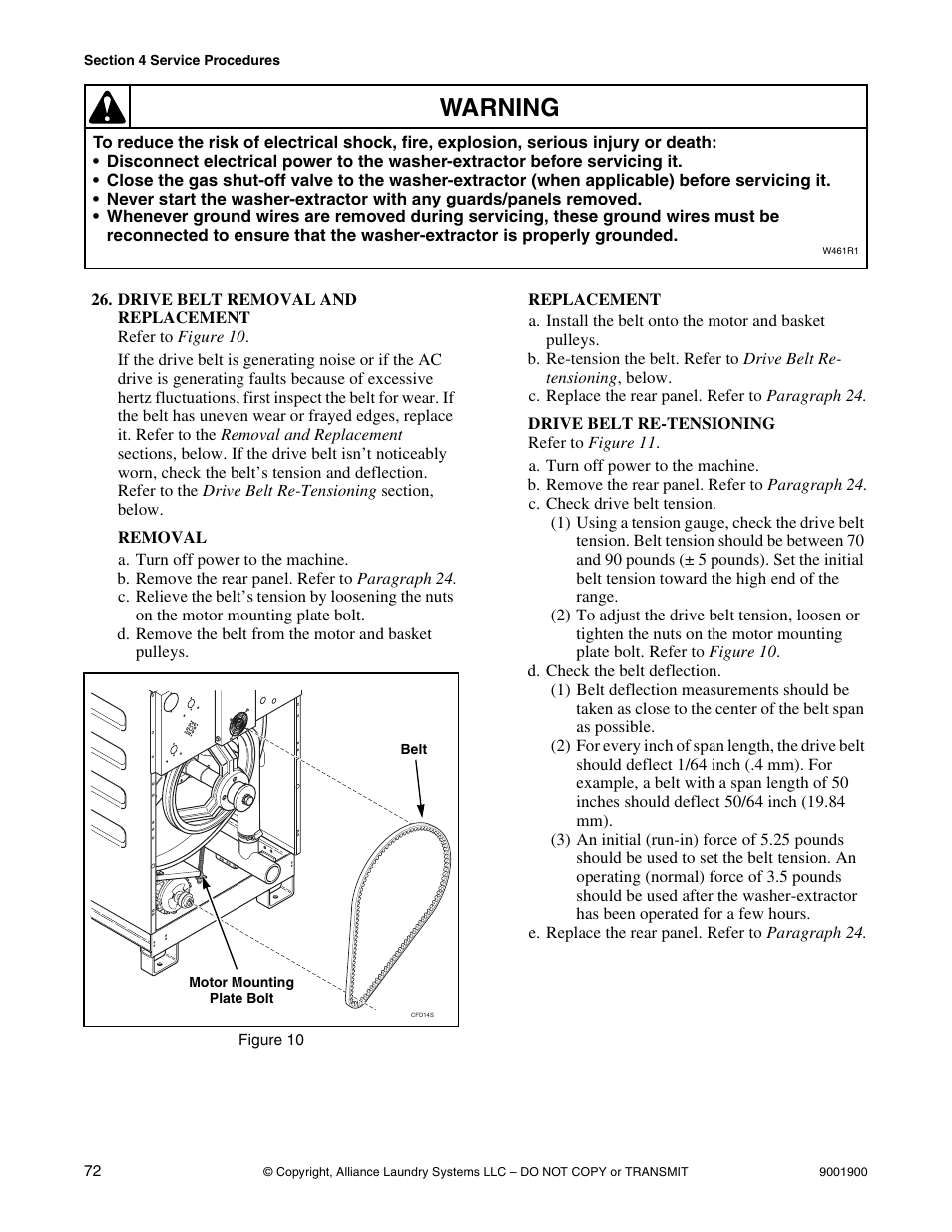 Drive belt removal and replacement, Warning | Alliance Laundry Systems HX User Manual | Page 74 / 78