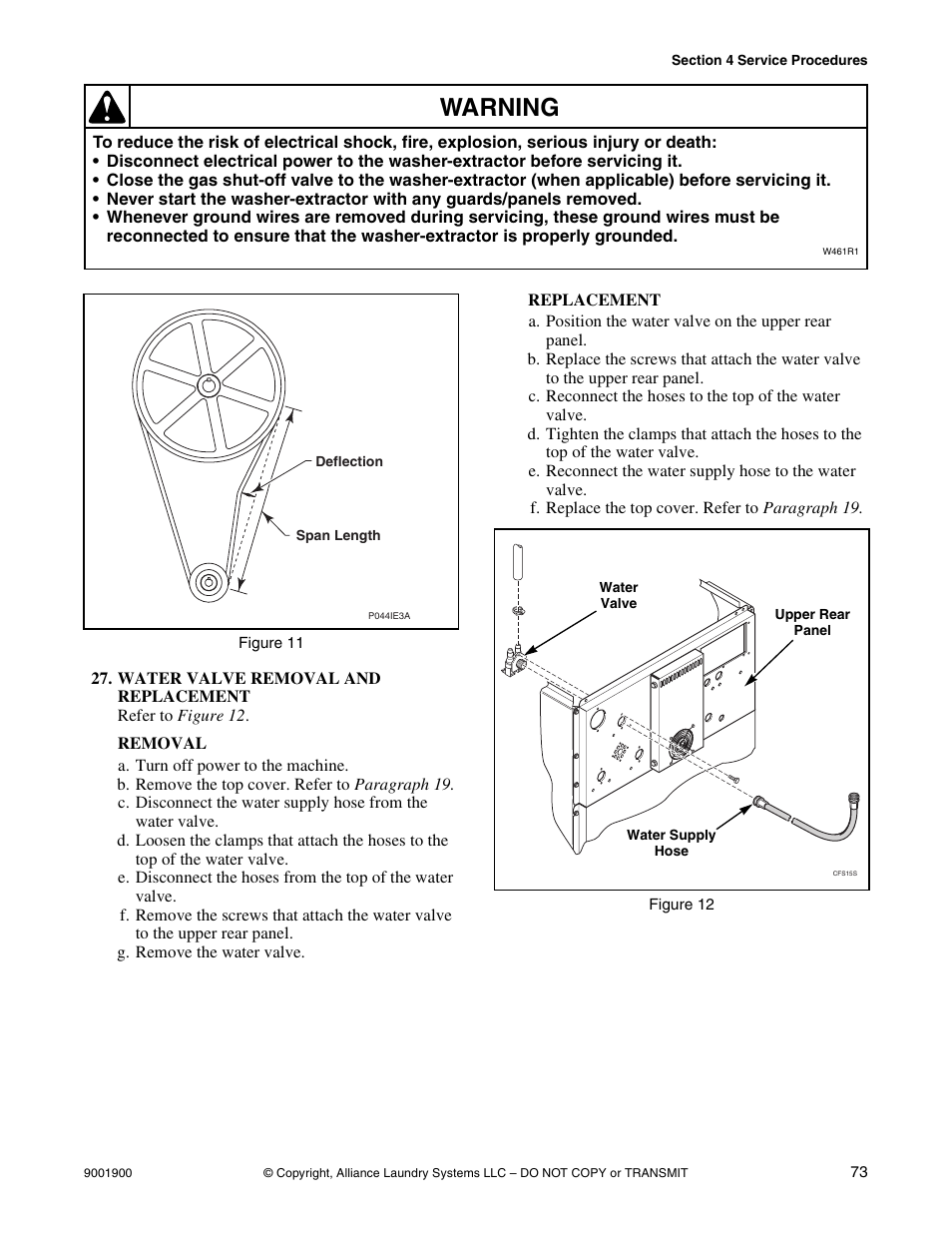 Water valve removal and replacement, Figure 11, Warning | Alliance Laundry Systems HX User Manual | Page 75 / 78