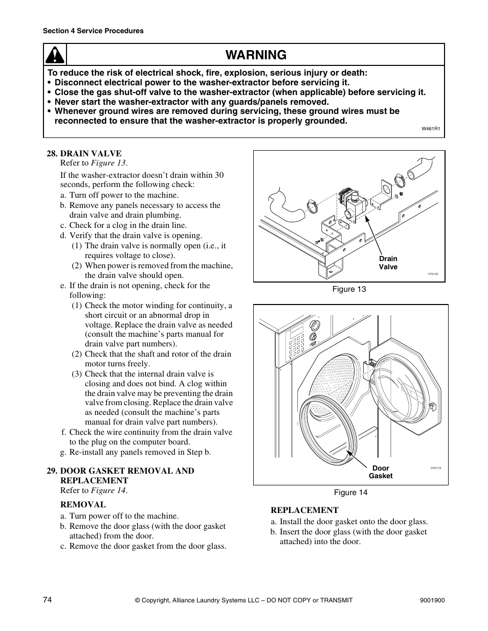 Drain valve, Door gasket removal and replacement, Warning | Alliance Laundry Systems HX User Manual | Page 76 / 78