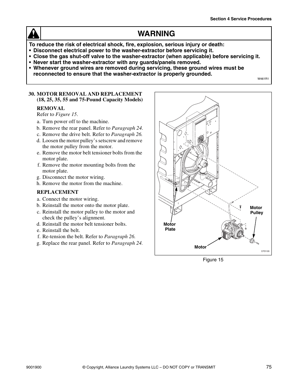 Motor removal and replacement, 18, 25, 35, 55 and 75-pound capacity models), Warning | Alliance Laundry Systems HX User Manual | Page 77 / 78