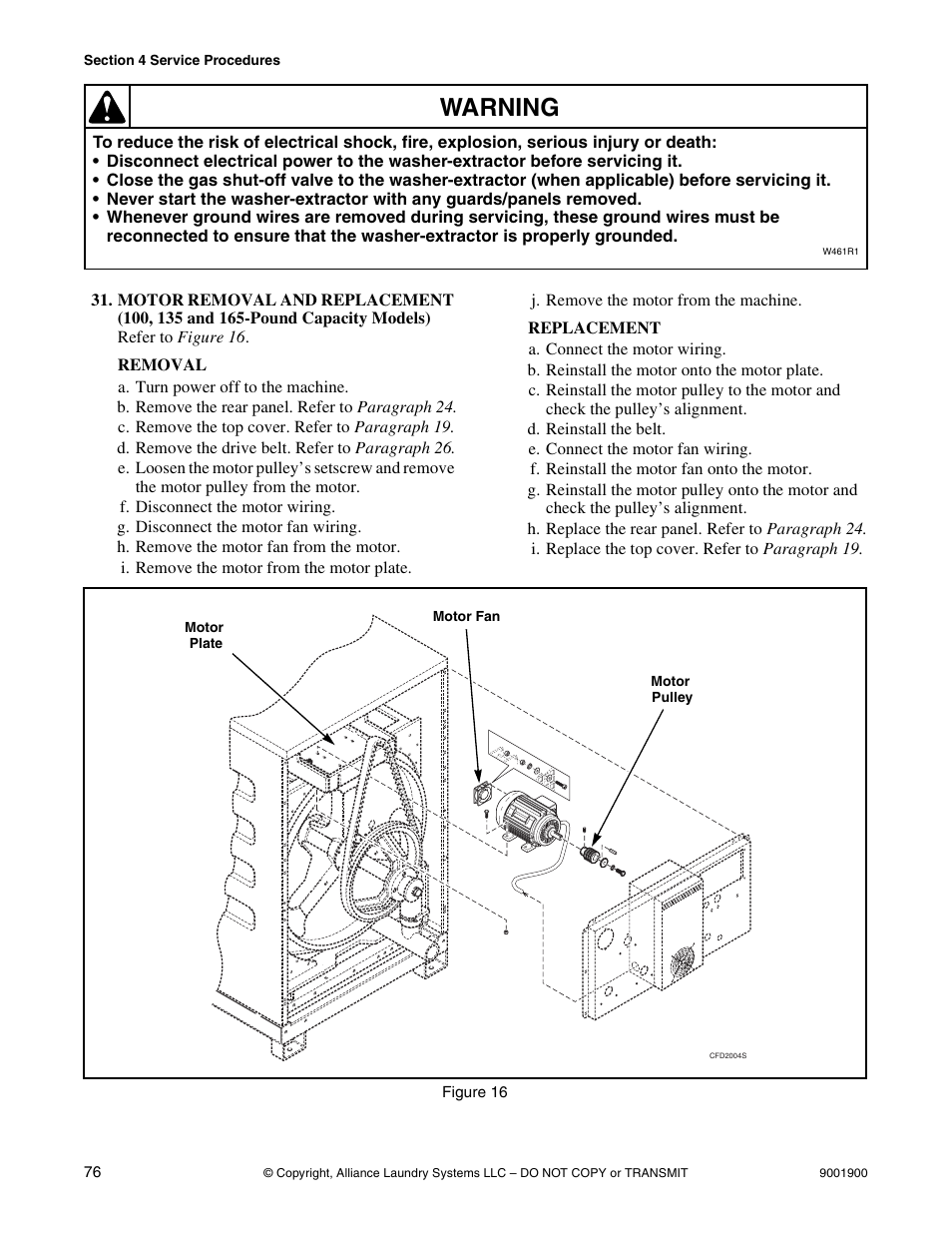 Motor removal and replacement, 100, 135 and 165-pound capacity models) .76, Warning | Alliance Laundry Systems HX User Manual | Page 78 / 78