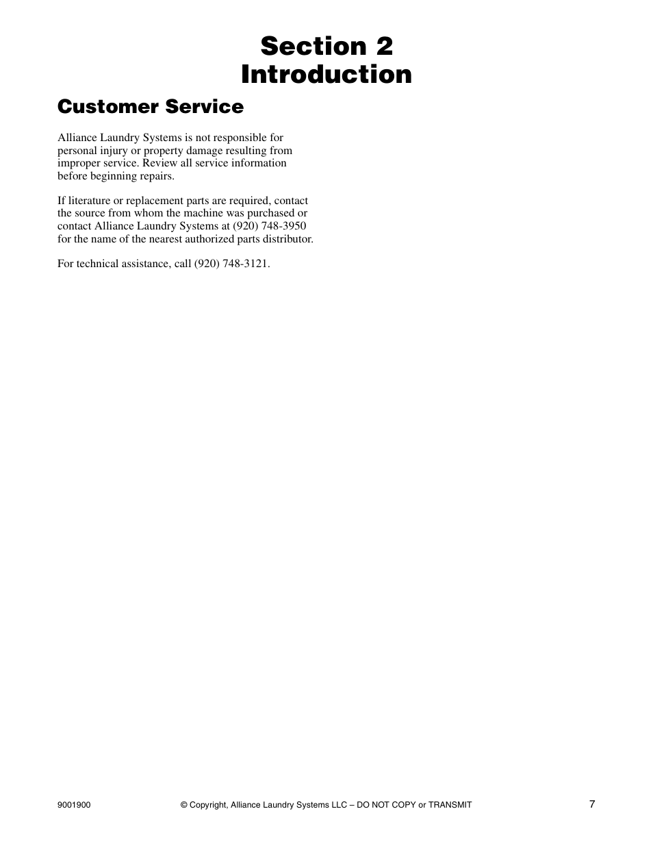 Introduction, Customer service, Section 2 – introduction | Alliance Laundry Systems HX User Manual | Page 9 / 78