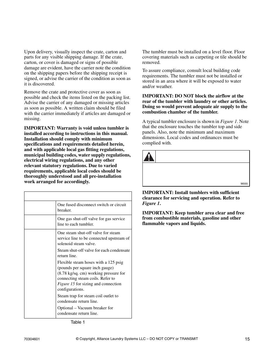 Installation, Pre-installation inspection location requirements, Warning | Pre-installation inspection, Location requirements | Alliance Laundry Systems T477C User Manual | Page 17 / 53