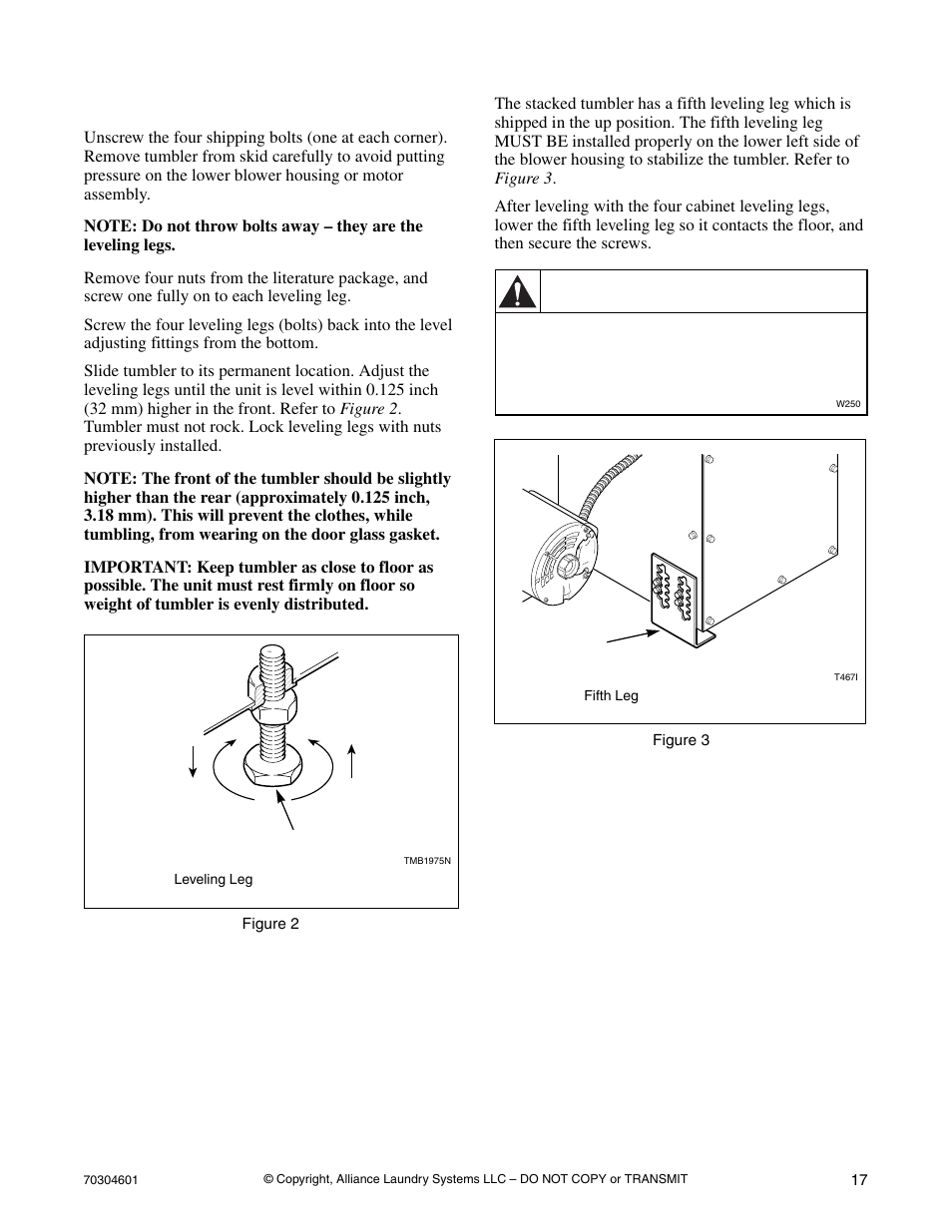Position and level the tumbler, Caution | Alliance Laundry Systems T477C User Manual | Page 19 / 53