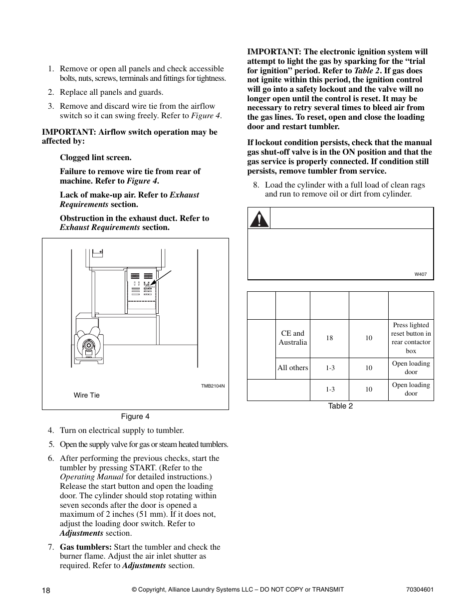 Before placing tumbler into service, Warning | Alliance Laundry Systems T477C User Manual | Page 20 / 53