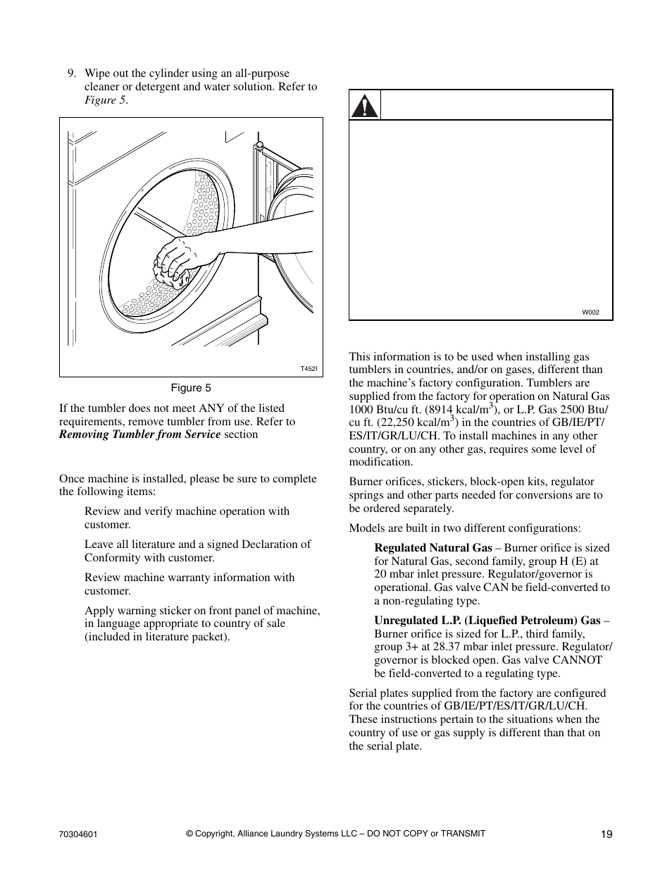 Required for ce models only, Installing ce gas drying tumblers, General information | Warning | Alliance Laundry Systems T477C User Manual | Page 21 / 53