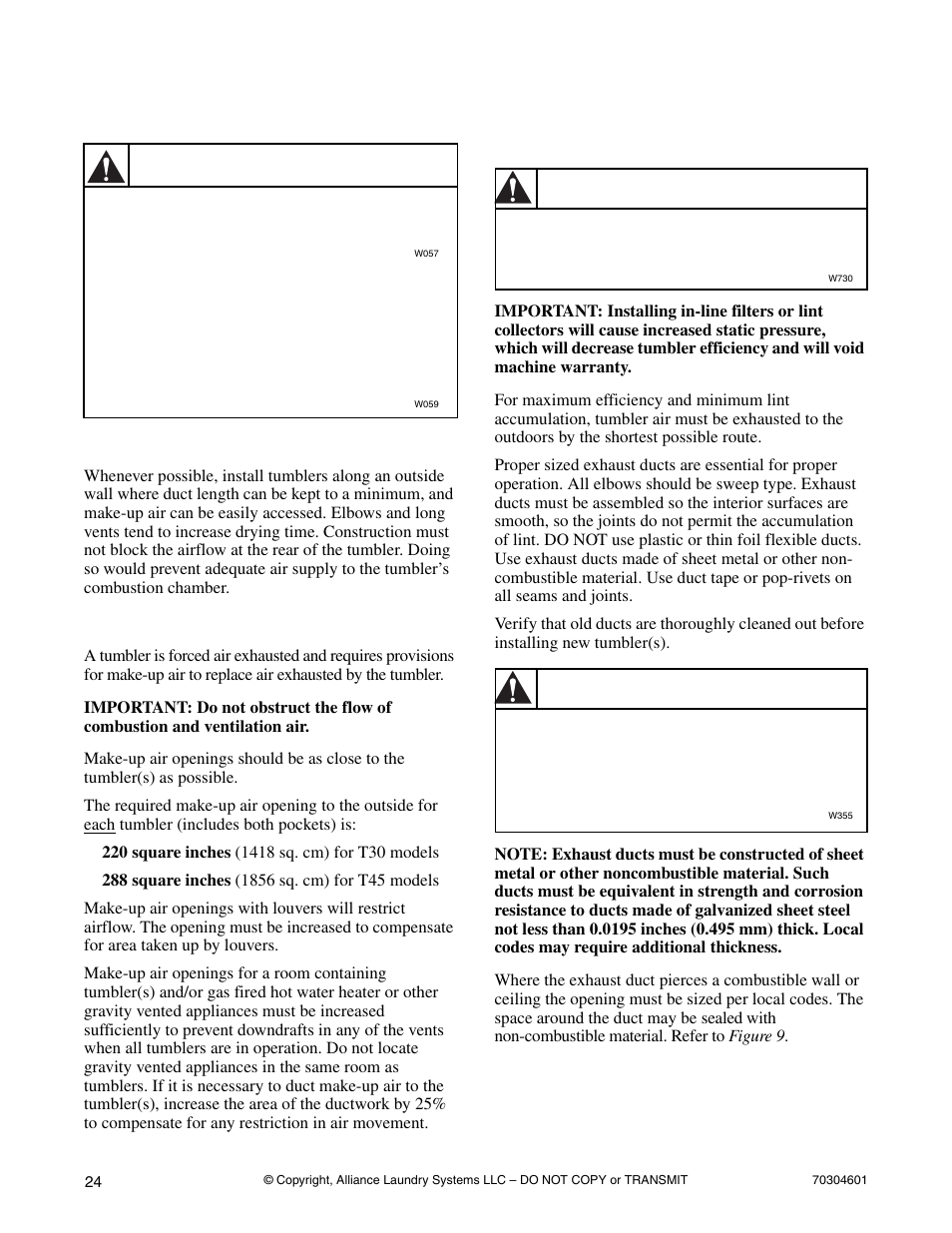Exhaust requirements, Layout make-up air venting, Warning | Layout, Make-up air, Venting | Alliance Laundry Systems T477C User Manual | Page 26 / 53