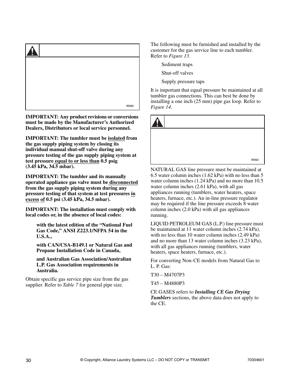 Gas requirements, Warning | Alliance Laundry Systems T477C User Manual | Page 32 / 53
